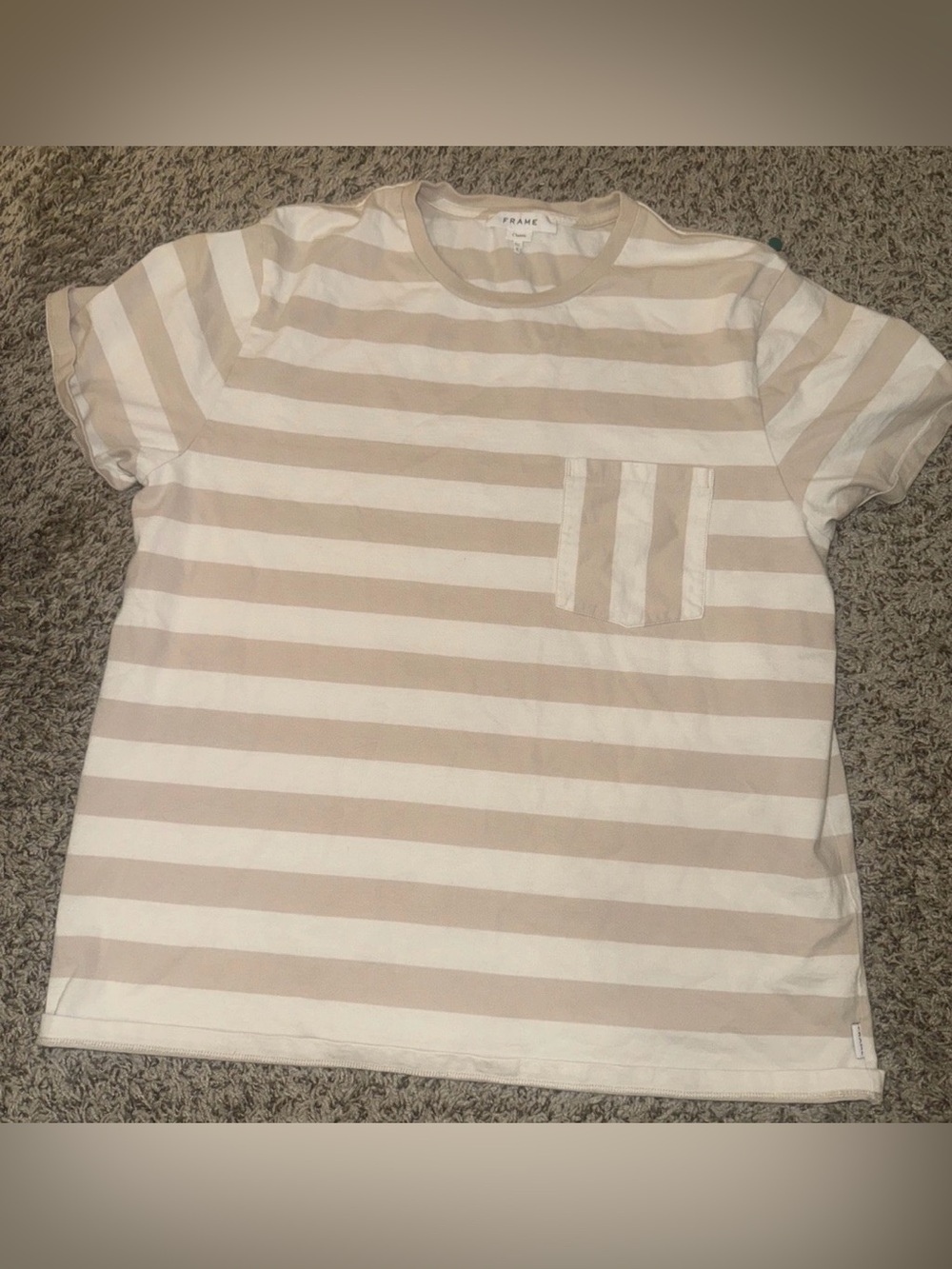 Frame Denim Women’s Classic 100% Cotton Beige & White Striped Pocket Tee XL